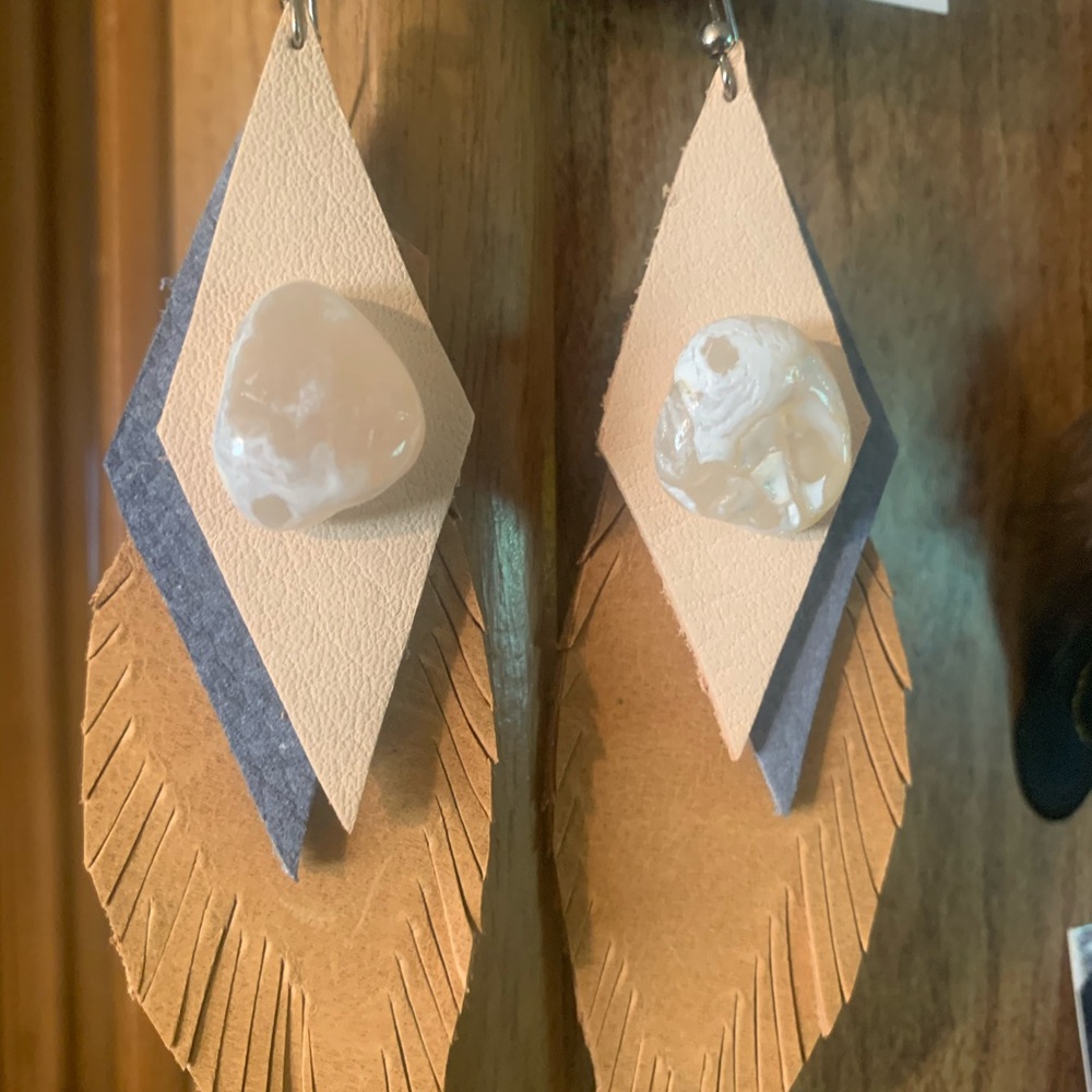 Artisan French Nubuck Blue Tan Agate Leather Feather Earrings - Picture 5 of 5